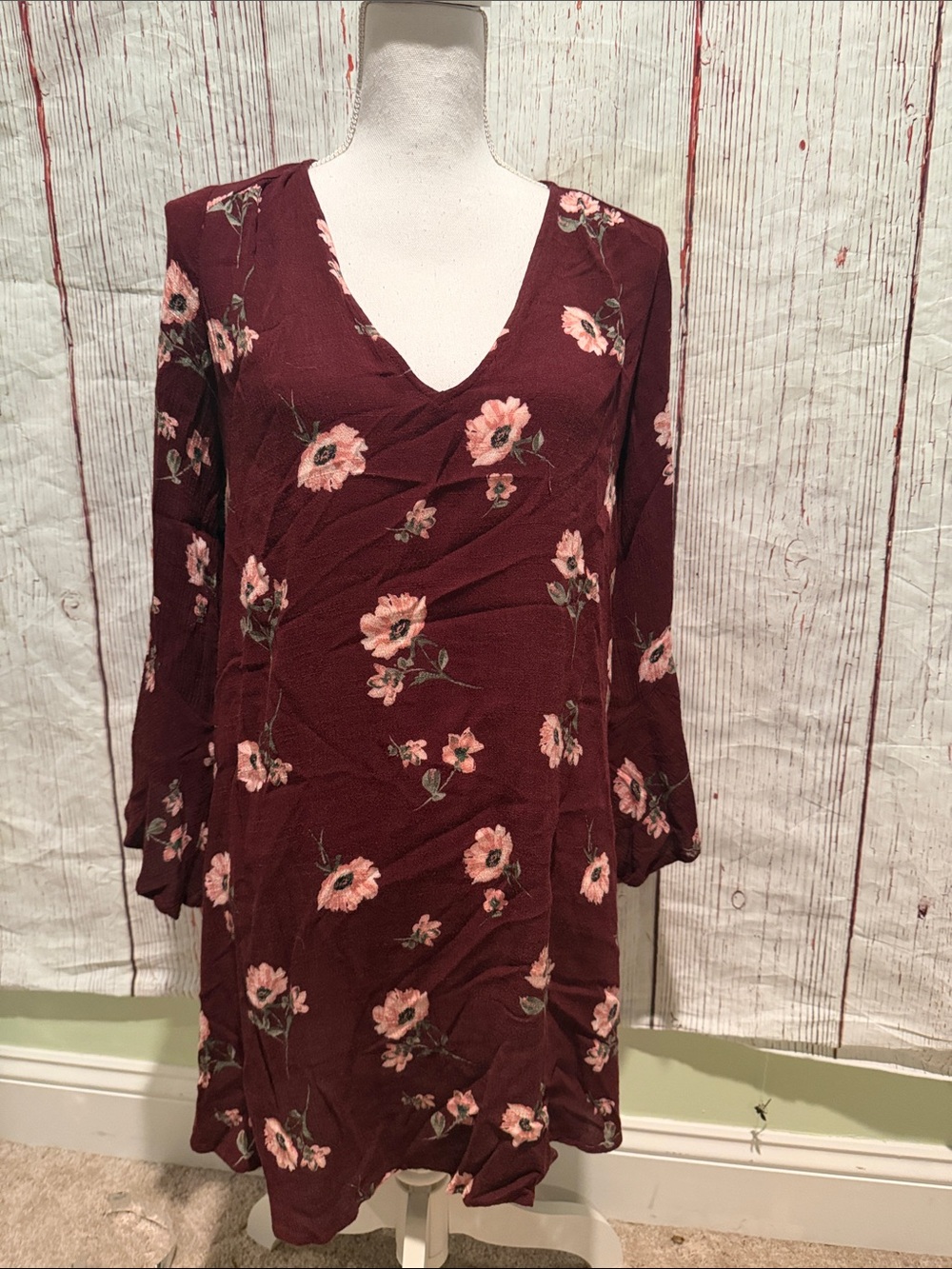Lush Burgundy Floral V-Neck Long Sleeve Dress